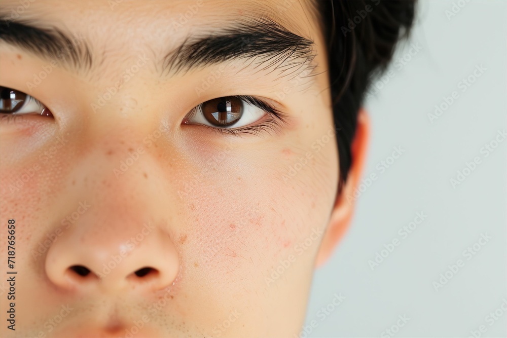日本人男性の目元のパーツのアップ写真（白背景・美肌・クローズアップ）