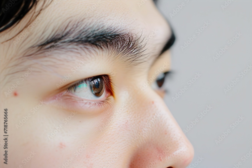 Fototapeta premium 日本人男性の目元のパーツのアップ写真（白背景・美肌・クローズアップ）