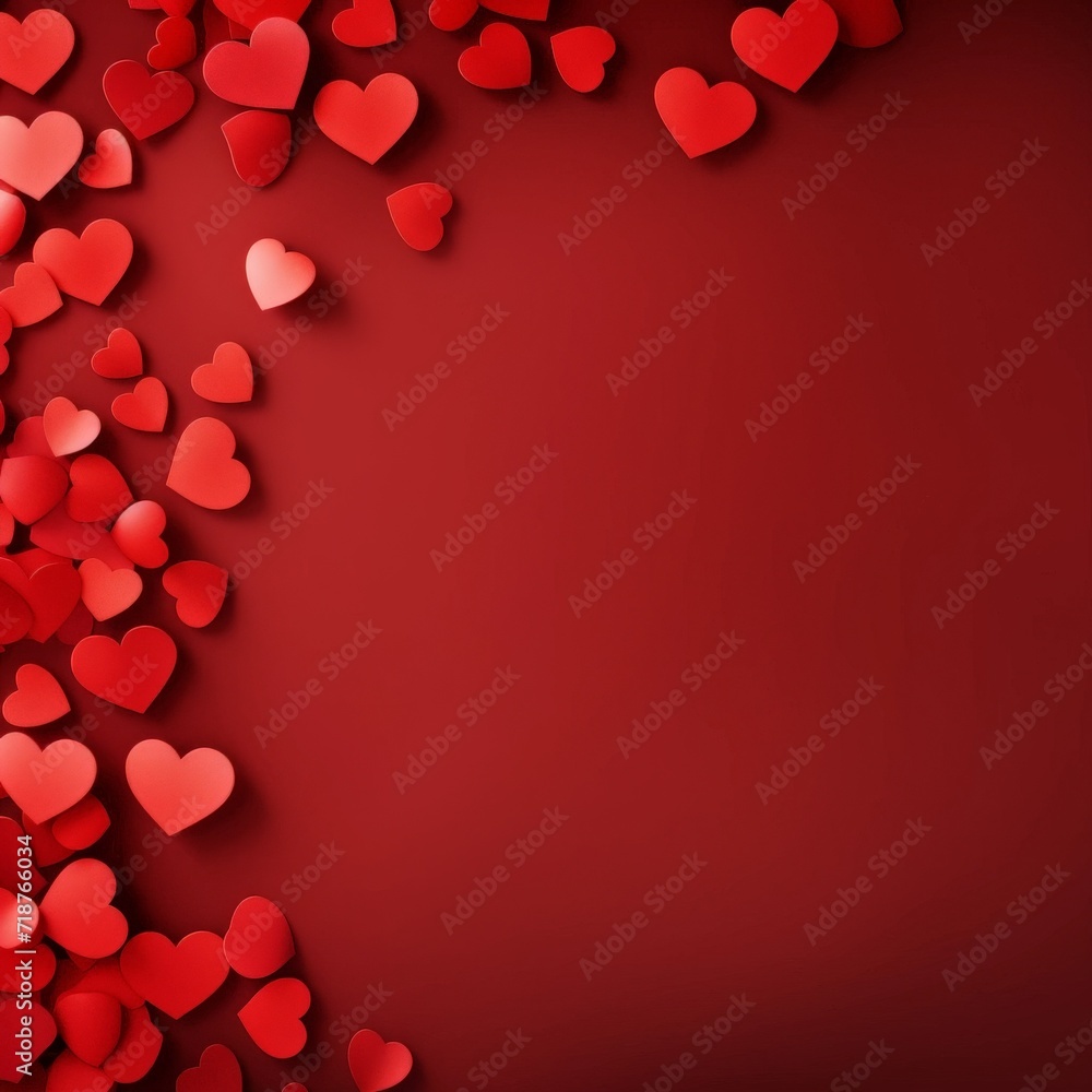 Flat top view composition for Valentine's Day: Paper hearts on a red background. Place for text. Flat top view composition for Valentine's Day: Paper hearts on a red background. Place for text.