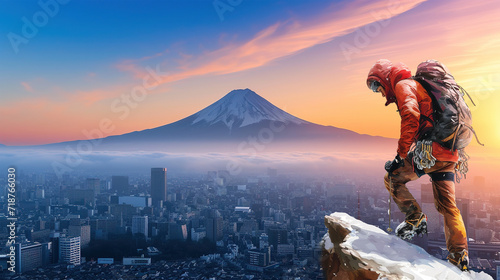 mountain climber and Fuji mountain view