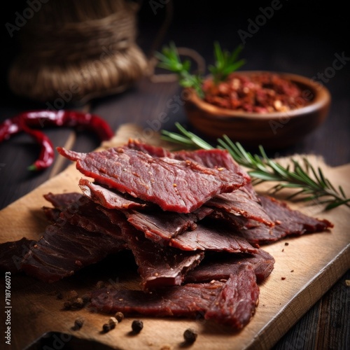 Beef jerky on a wooden board, Sliced beef jerky. Healthy meat. AI created.
