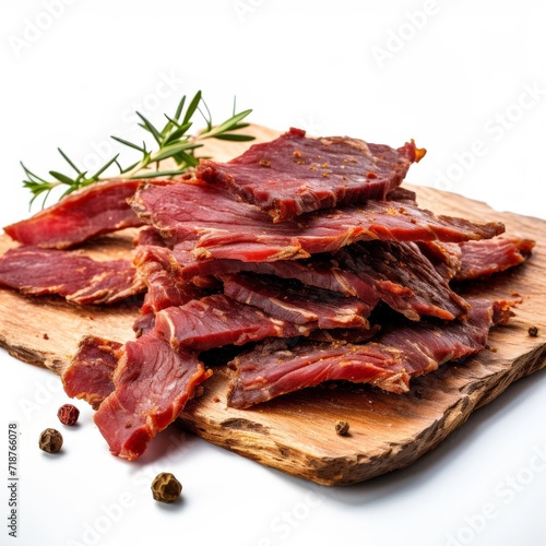Beef jerky on a wooden board, Sliced beef. Healthy meat. White background. AI created.
