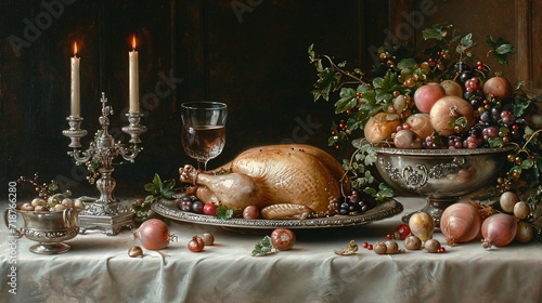 Thanksgiving Dinner: A Glorious Feast with a Golden Roasted Turkey and Seasonal Fruits Generative AI