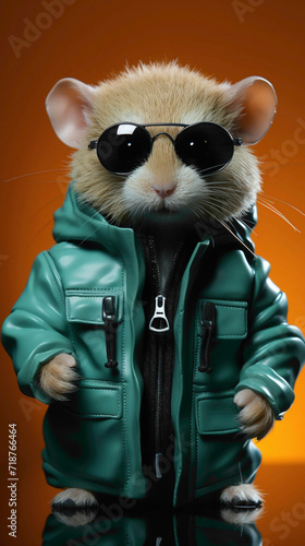 A fashionable hamster in a modern outfit against a vivid blue background, striking the perfect pose for a portrait that combines cuteness and style in high definition.