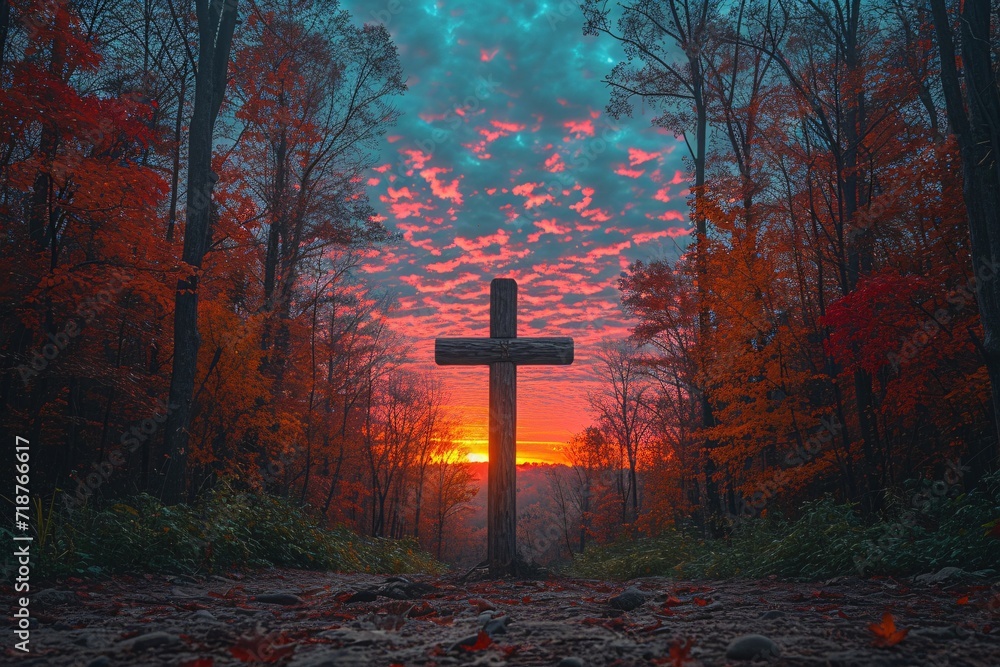 Autumn's Last Hurrah: A Sunset Cross in the Woods Generative AI