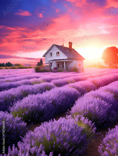 Large Lavender Flower Sea, A House In A Lavender Field
