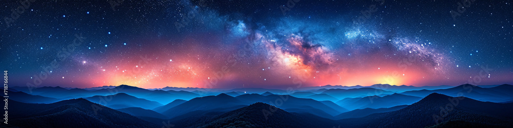 Panoramic view of the Milky Way galaxy over mountainous landscape. Astrophotography and night sky observation concept
