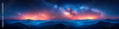 Panoramic view of the Milky Way galaxy over mountainous landscape. Astrophotography and night sky observation concept 