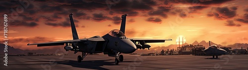 A military aircraft stationed at the airport during the captivating hues of sunset.