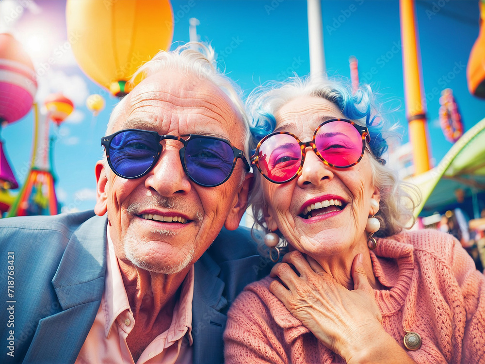 happiness elderly couple sharing a sweet moment, enjoying the fun moment in the amusement park. They both dressed fantasy color suits and dresses, her playful expressions reflecting pure joy.