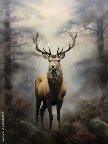 An Elk Is Standing On A Fog, A Deer With Large Antlers Standing In A Forest © netsign