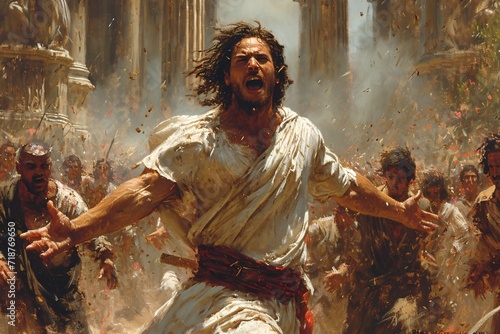 Jesus Christ in the midst of a crowd, yelling, with a sword in his hand, and a red bandana around his neck, all set against a backdrop of a Roman Colosseum, during the month of March. Generative AI photo