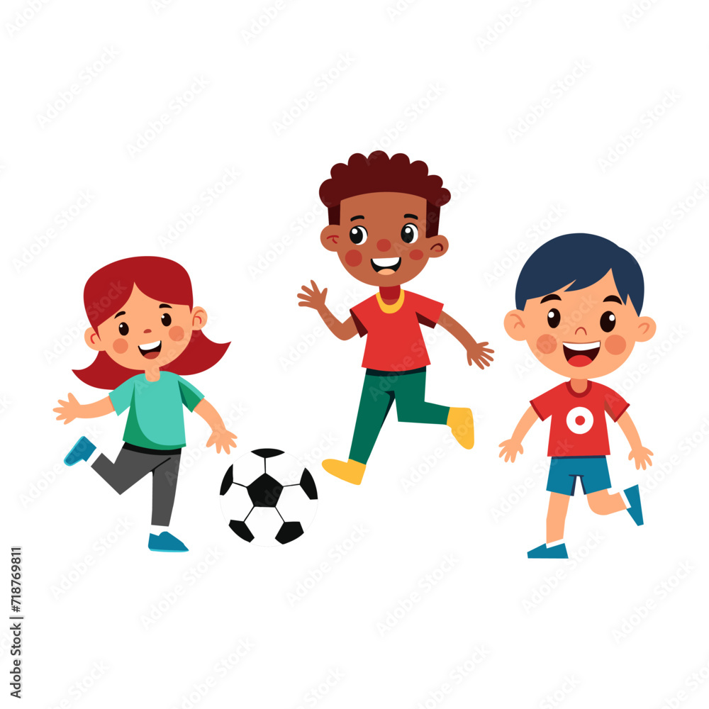 Children playing football happily on white background. Flat vector Children playing football happily on white background. Flat vector