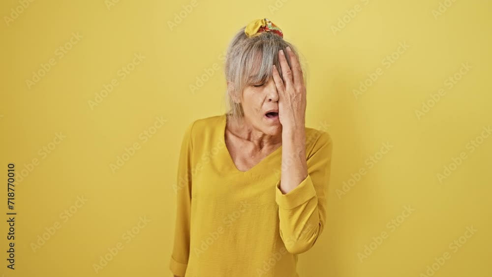Exhausted middle age woman with grey hair in a pony tail yawns mightily, hand sleepily covering half her face. tired eyes and mouth peek out on a vibrant yellow isolated background. Exhausted middle age woman with grey hair in a pony tail yawns mightily, hand sleepily covering half her face. tired eyes and mouth peek out on a vibrant yellow isolated background.