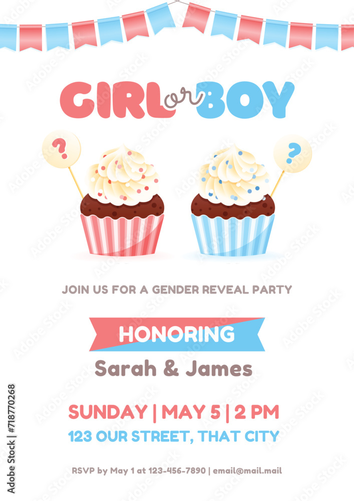 Gender reveal party invitation template. Cute vertical banner decorated with boy or girl question, pink and blue cupcakes and bunting flags. Vector 10 EPS. Gender reveal party invitation template. Cute vertical banner decorated with boy or girl question, pink and blue cupcakes and bunting flags. Vector 10 EPS.
