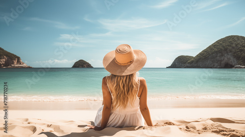 back view of woman sitting on tropical sandy beach sunbathing photo
