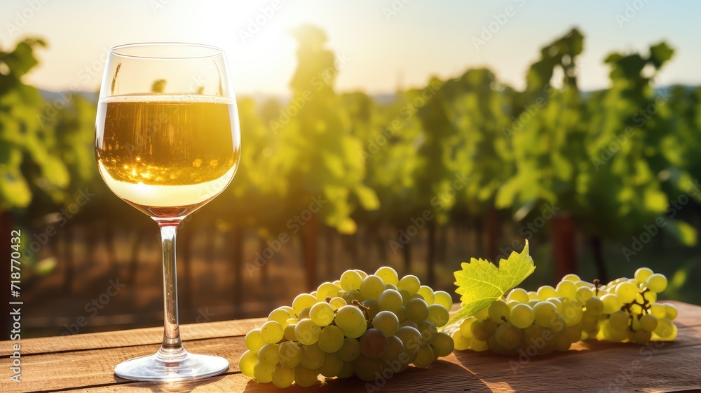 A Tranquil Sunset View With a Glass of White Wine and Grapes on a Vineyard Table