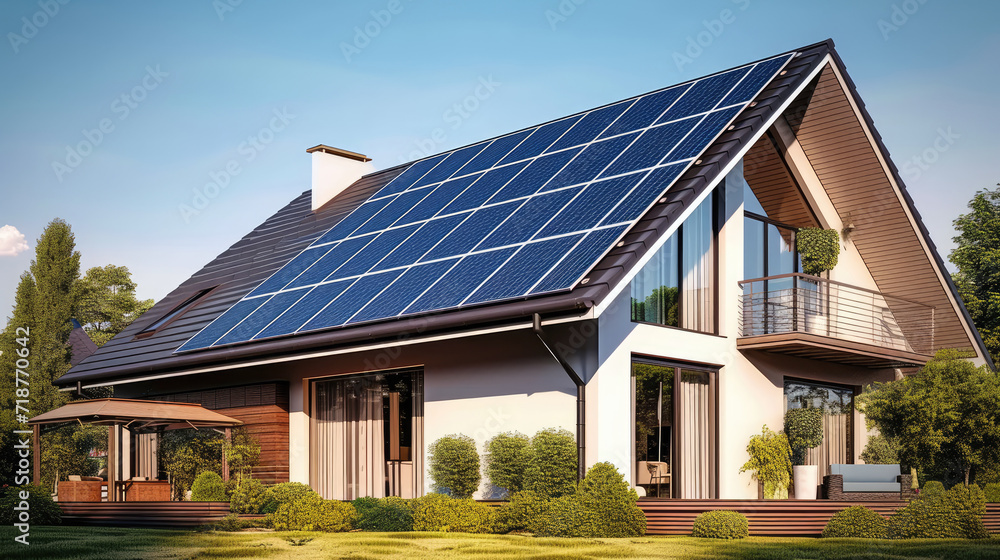 New suburban house with a photovoltaic system on the roof. Modern eco ...