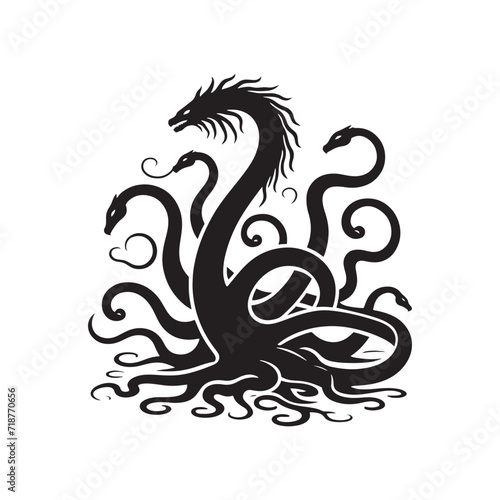 Maritime Marvels: Hydra Silhouettes Weaving a Tapestry of Imaginary Sea Adventures - Hydra Illustration - Sea Monster Illustration - Hydra Vector 