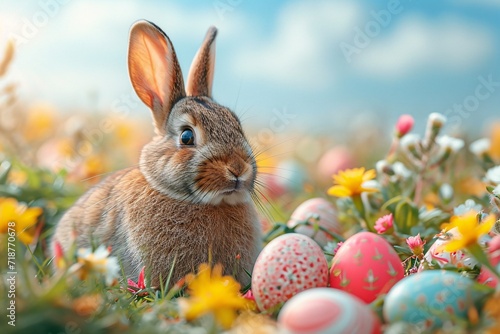 Bunny in a Field of Flowers: A Cute Easter Celebration Generative AI