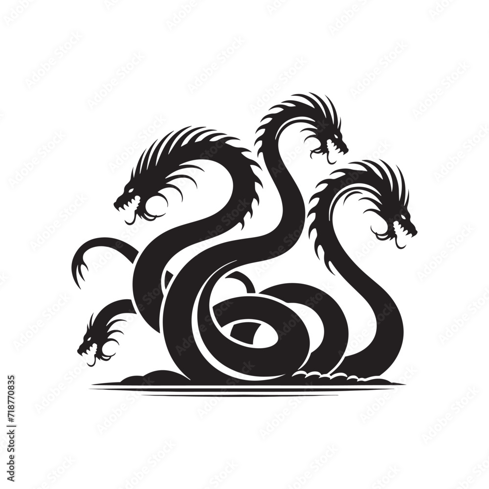 Serpentine Silhouettes: Hydra Silhouette Set Evoking the Majestic and Mysterious Depths of the Ocean - Hydra Illustration - Sea Monster Illustration - Hydra Vector
