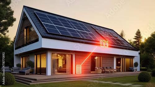 New suburban house with a photovoltaic system on the roof. Modern eco friendly passive house with landscaped yard. Solar panels on the roof, alternative electricity.