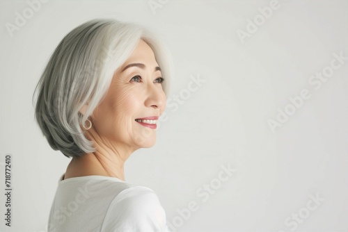 日本人シニア女性の横顔（おばあさん・おばあちゃん・アジア人・白背景・背景なし） 