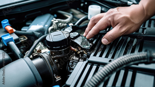 Hands of car mechanic working in auto repair service.