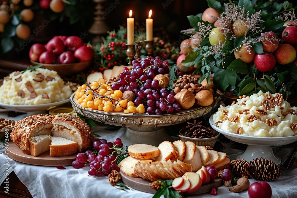Holiday Harvest: A Bountiful Display of Fresh Fruit and Cheese Generative AI