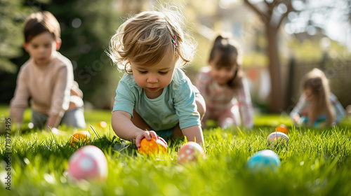 Easter Egg Hunt. Kids search for Easter eggs on bright lawn photo