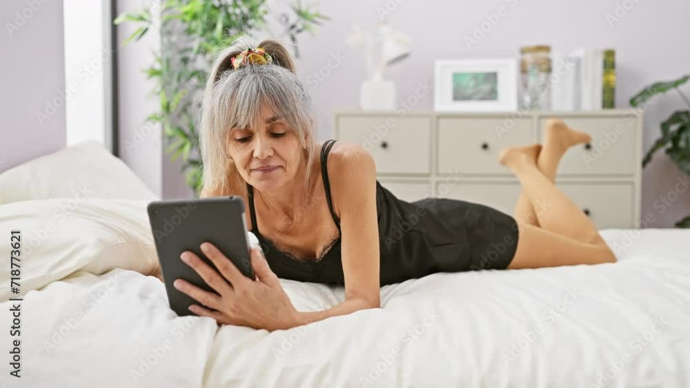 Mature hispanic woman with grey hair using a tablet in a cozy bedroom interior. Mature hispanic woman with grey hair using a tablet in a cozy bedroom interior.