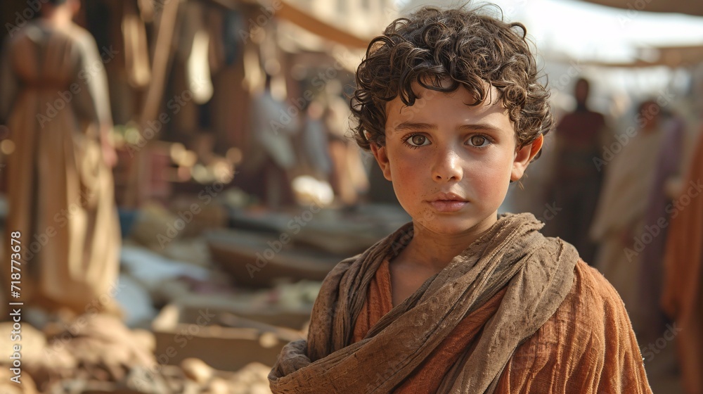 Fototapeta premium Little Boy in Brown Robe, Looking at the Camera Generative AI