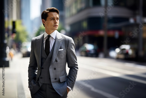 Dapper businessman in a grey suit on a city street - Generative AI