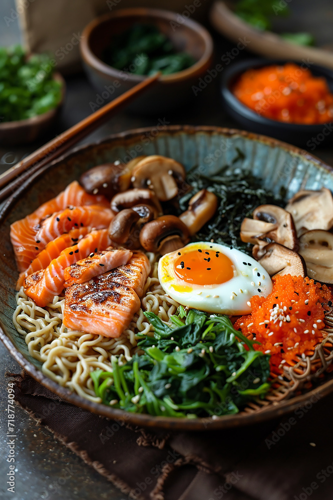 Japanese ramen noodle bowl with salmon, shiitake mushrooms, seaweed and egg. Japanese ramen noodle bowl with salmon, shiitake mushrooms, seaweed and egg.