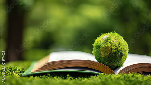 Environment Law. Green globe placed on a law book with icons. law for principles of sustainable environmental conservation.environmental protection and eco-friendly legislation law. Save earth. photo