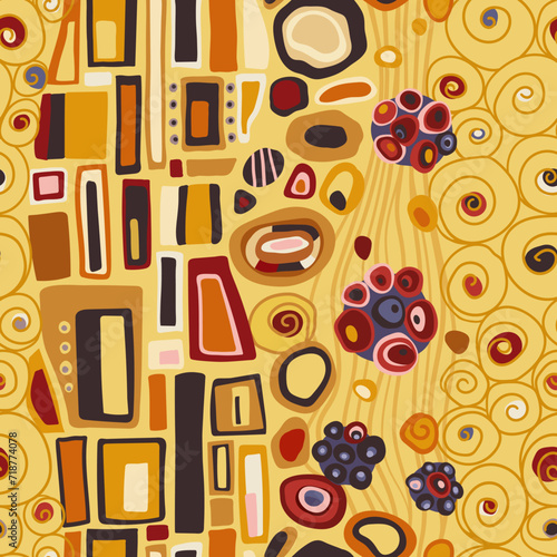 Klimt style inspired abstract seamless pattern, modern art nouveau endless backdrop with geometric shapes, texture for wrapping or digital paper, wallpaper, scrapbooking, textile prints