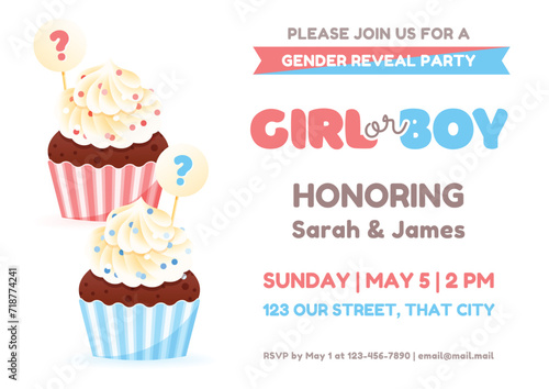 Gender reveal party invitation template. Cute vertical banner decorated with boy or girl question  pink and blue cupcakes and bunting flags. Vector 10 EPS.