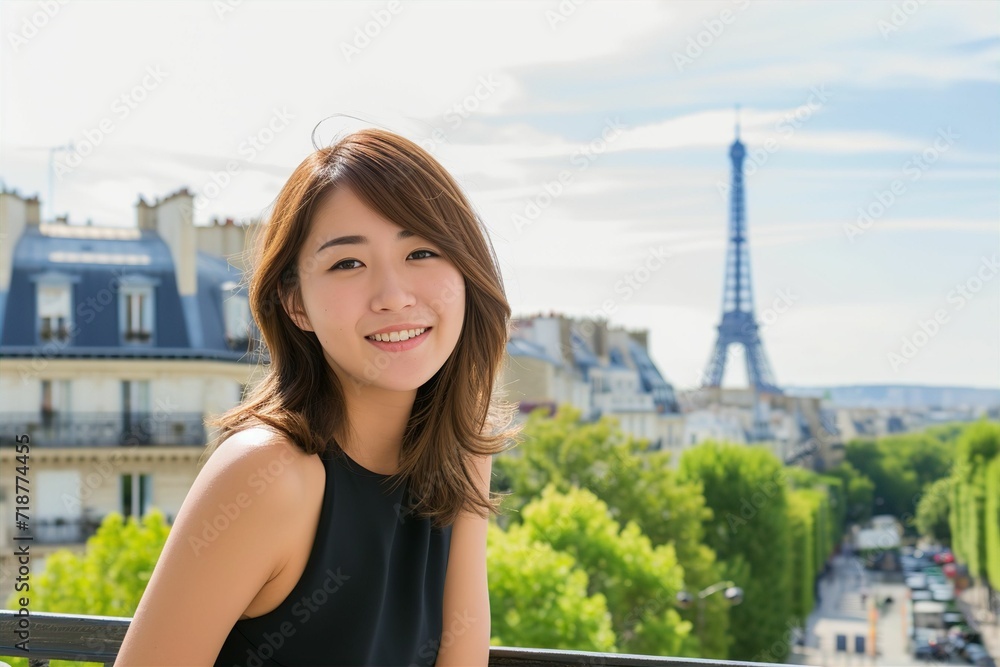 パリ・フランスの旅行を楽しむ日本人女性（旅行・旅・観光・オリンピック・応援）