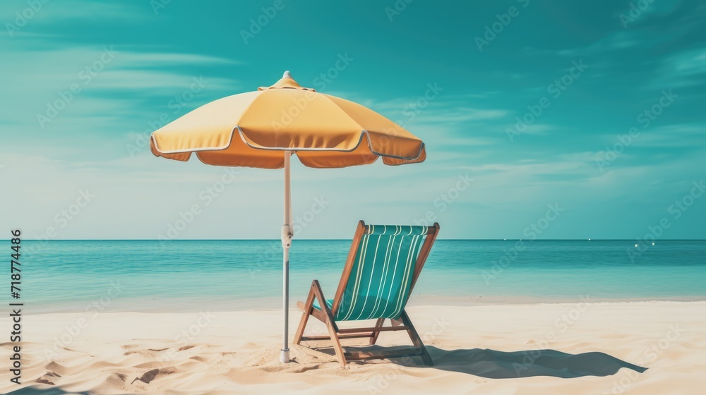Beach vacation scene with deck chair and umbrella on sandy shore. Travel and relaxation.