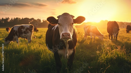 Cows in Field at Sunset photo
