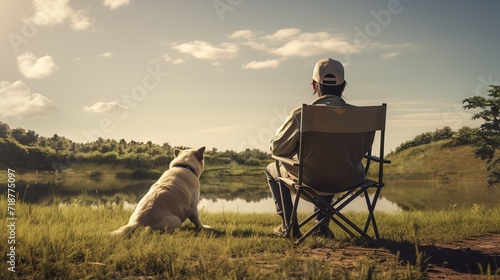 A lone sitting with his back on camping chair with the big dog Generative AI