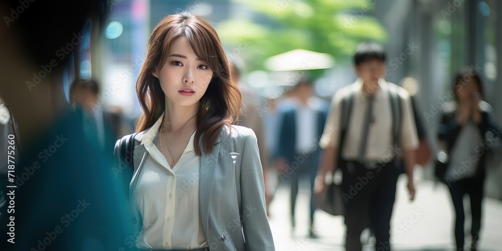 Young  Japanese office lady walking around town near office towers Generative AI
