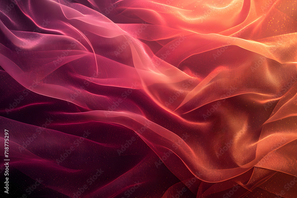 Fototapeta premium Smooth Waves of Red Silk and Satin Fabric, Creating a Luxurious Background with Soft, Shiny Texture and Artistic Patterns in Red and Orange Hues