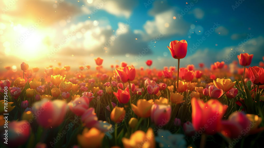 Fototapeta premium panorama of tulip field in sunset light and blue sky, spring banner