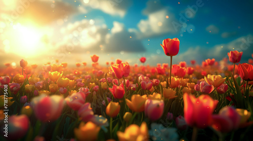 panorama of tulip field in sunset light and blue sky, spring banner © Yevhenii