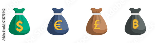 Icon set of money bags of different money bills in different colors in flat design vector eps10