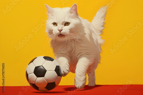 A fluffy white cat joyfully dribbling a mini football on a vibrant yellow background. The ball is just about to roll into the goal.