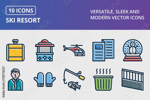 Ski Resort Thick Line Filled Dark Colors Icons Set