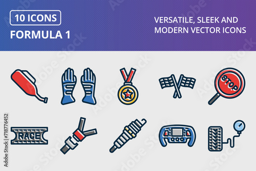 Formula 1 Thick Line Filled Dark Colors Icons Set