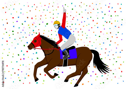 競馬のレースで勝利した馬と騎手